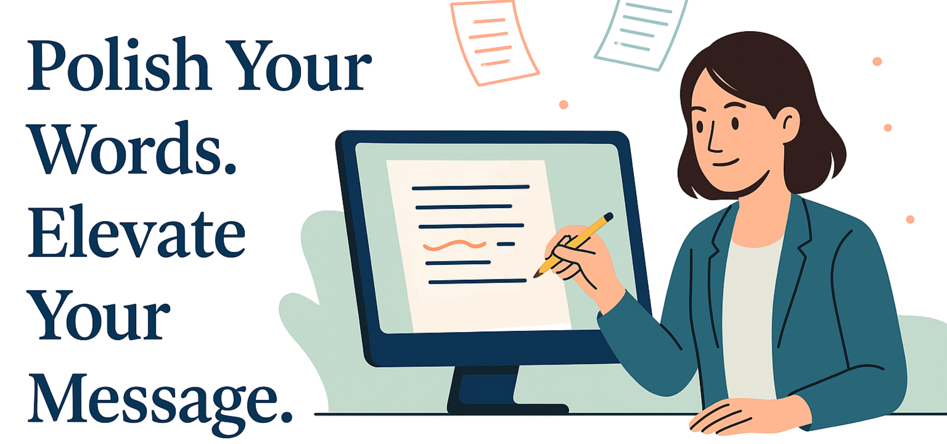 Proofreading service banner with tagline 'Polish Your Words. Elevate Your Message.' and illustration of woman editing document on computer — Proofreaders NV.